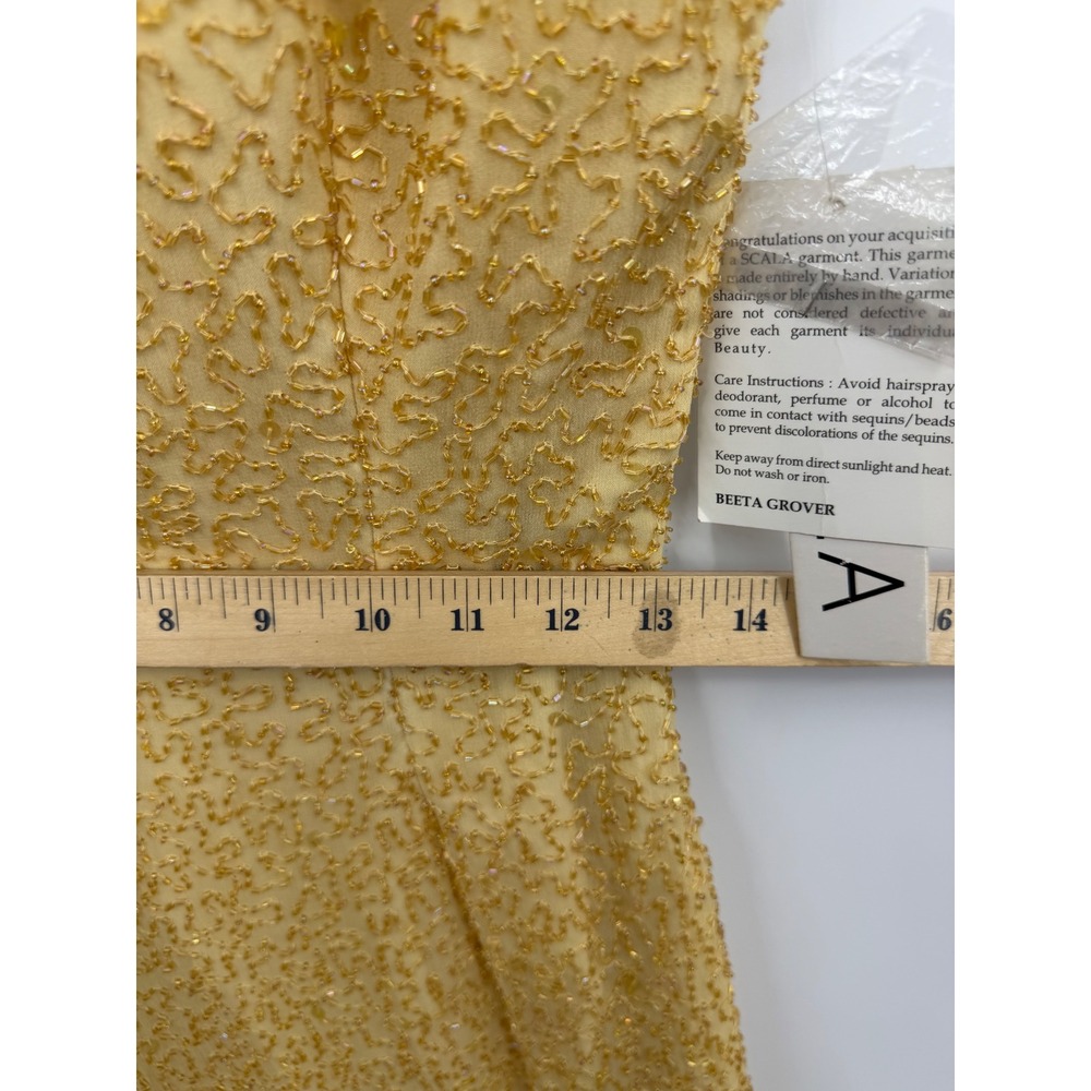 Scala 47815L Beaded Silk Halter Gown Women Size M Yellow Gold Open Back Formal - Picture 7 of 12